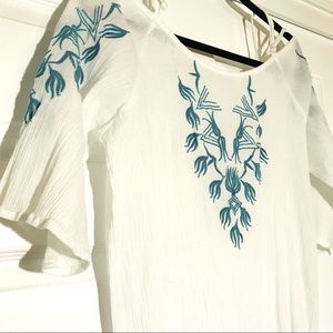 White Off The Shoulder Tunic W/ Teal Embroidery